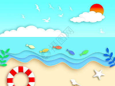夏日海边剪纸背景图片