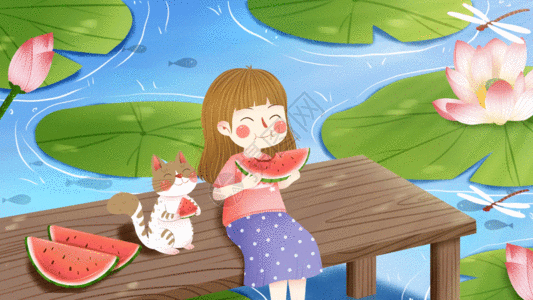 西餐桌背景夏天荷塘吃西瓜少女卡通背景视频GIF高清图片
