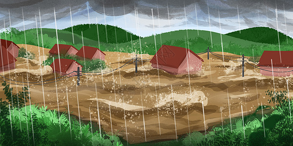 被色被暴雨洪水摧毁的村庄插画