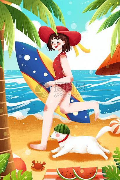 小暑海边拿着冲浪板女孩插画图片