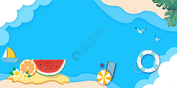 夏日海边剪纸背景高清图片