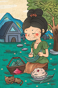 端午节传统风格包粽子女孩插画图片
