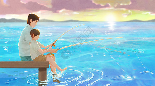 落日海边钓鱼的父子插画