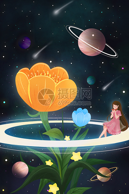 女孩坐在行星光环上吃西瓜图片