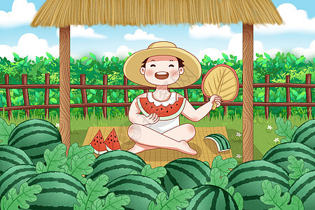 瓜农在西瓜地里吃西瓜图片