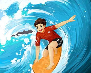 夏日酷暑里去海边冲浪避暑的少年插画