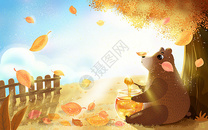 秋季坐在树下吃蜂蜜的熊图片