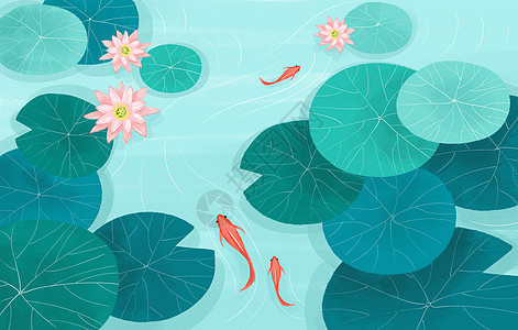 夏天荷花池塘鲤鱼插画图片