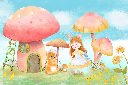 小女孩和兔子采蘑菇森系水彩插画图片