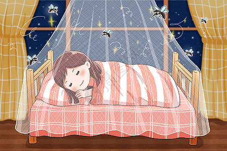 浅睡眠在蚊帐里安睡的女孩插画