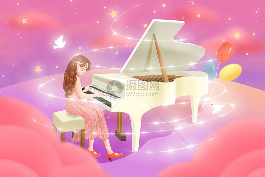 唯美温馨美女弹钢琴场景