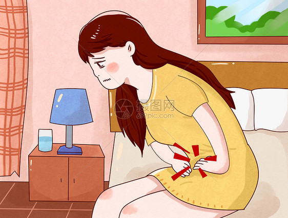 女生月经肚子痛插画图片