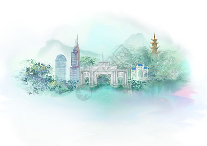 老年旅游中式城市地标建筑风景旅游南京插画