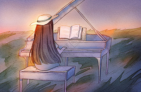 唯美黄昏弹钢琴的女孩图片