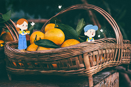 成熟的橘子和两个小果农高清图片