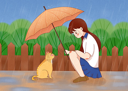 下雨天给猫撑伞插画图片