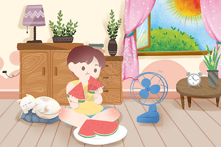 暑假宅在家中吃瓜吹风扇的男孩图片