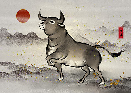 水墨牛中国风插画图片
