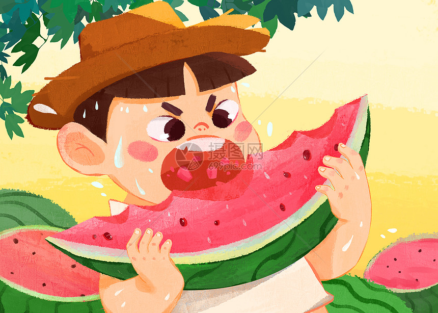 炎热的夏天吃西瓜吃的大汗淋漓图片