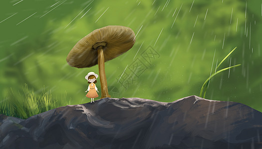 雨天小蘑菇女孩秋初高清图片