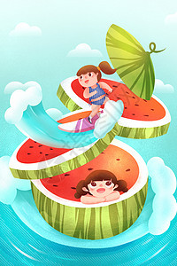 夏日度假西瓜游泳插画图片