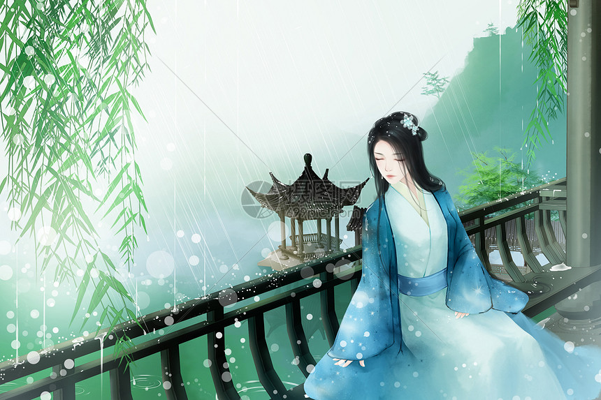 下雨季节古风美女扶栏而望插画