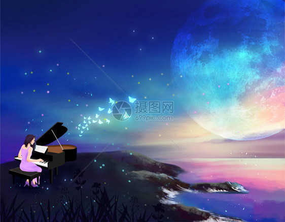 温馨唯美夜晚弹钢琴场景图片