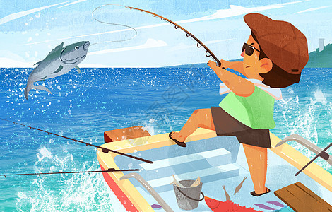 夏天海上钓鱼插画背景图片