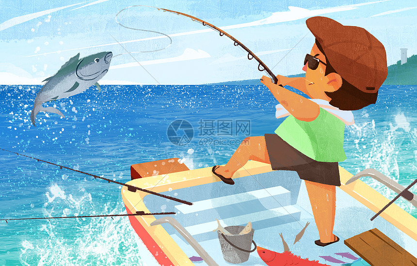 夏天海上钓鱼插画图片