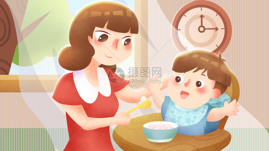 母亲喂婴儿吃饭插画