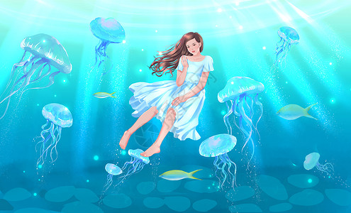 游泳夏天海底世界的潜水女孩与水母插画