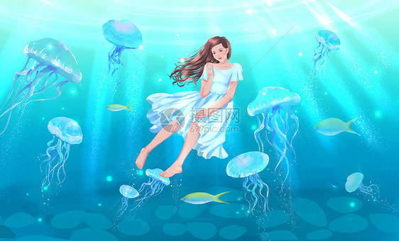夏天海底世界的潜水女孩与水母图片