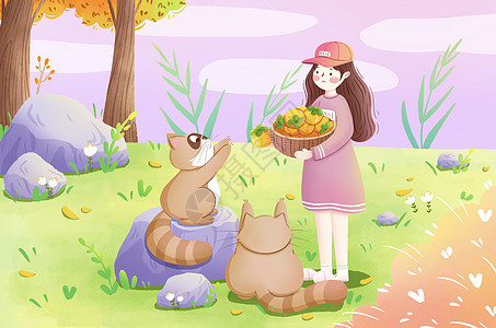 立秋女孩与浣熊在森林里分享柿子图片
