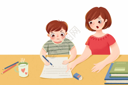 写作业的小孩暑假辅导孩子学习的妈妈GIF高清图片