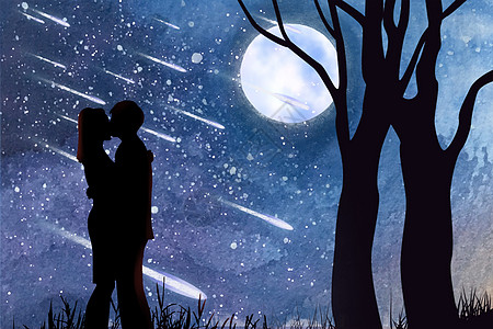 情侣接吻星空下相拥接吻的情侣插画