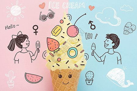 夏日男女冰淇淋甜品插画图片