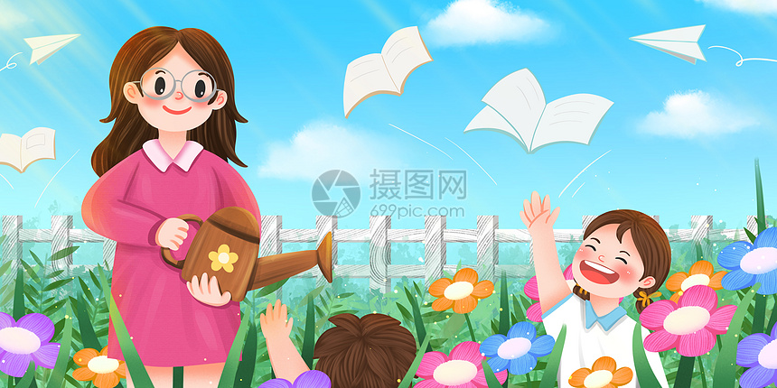 浇花的老师和花朵般可爱的学生