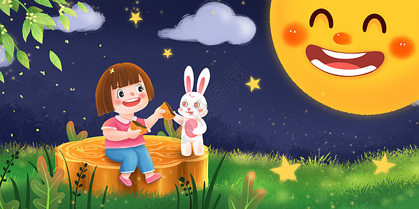女孩和兔兔赏月分月饼图片