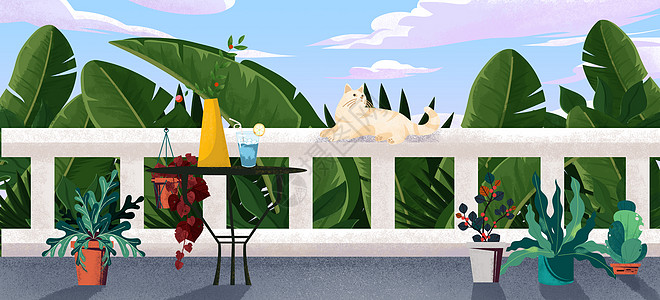 处暑节气阳台乘凉的猫插画图片