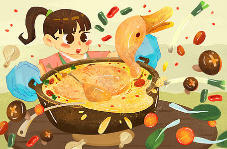 主妇炖鸭子美食烹饪插画插画