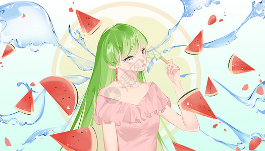 夏日吃西瓜冰淇淋的少女图片