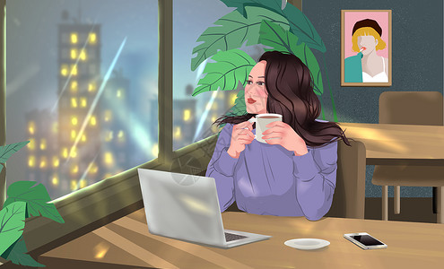 坐在窗边喝咖啡的职业女性图片