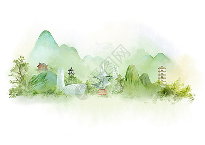 瞎子楼中国风山水水墨城市地标建筑福州插画