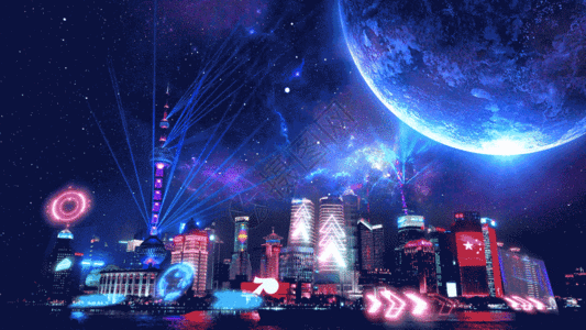 博饼朋克风霓虹未来科技城市GIF高清图片