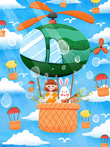 夏日女孩兔子西瓜直升机热气球插画背景图片
