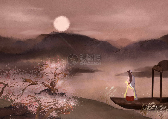 七夕牛郎与织女河边私语水墨古风插画图片