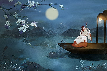 满月中国风夜间忧伤弹琵琶的美人插图插画