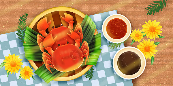 秋季美食蒸螃蟹背景图片