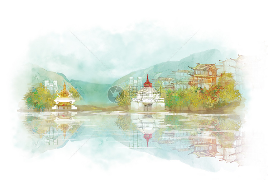 云南香格里拉中国风山水水墨城市地标建筑插画图片