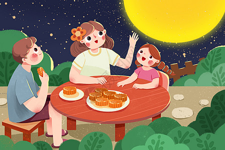 和家人一起做家务和家人一起赏月吃月饼插画